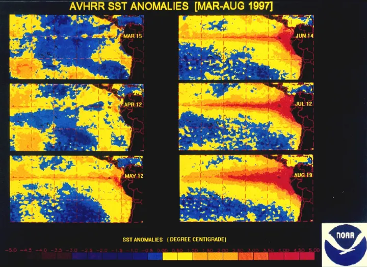 Sea surface temperature anomalies from March to August 1997 showing evolution of major El Nino (2268-446)